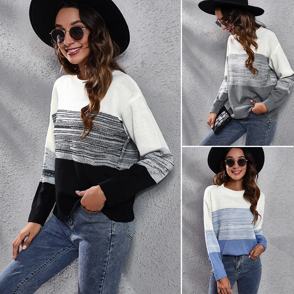 

European and American explosions gradient color matching off-the-shoulder knitted sweater loose new women's clothing