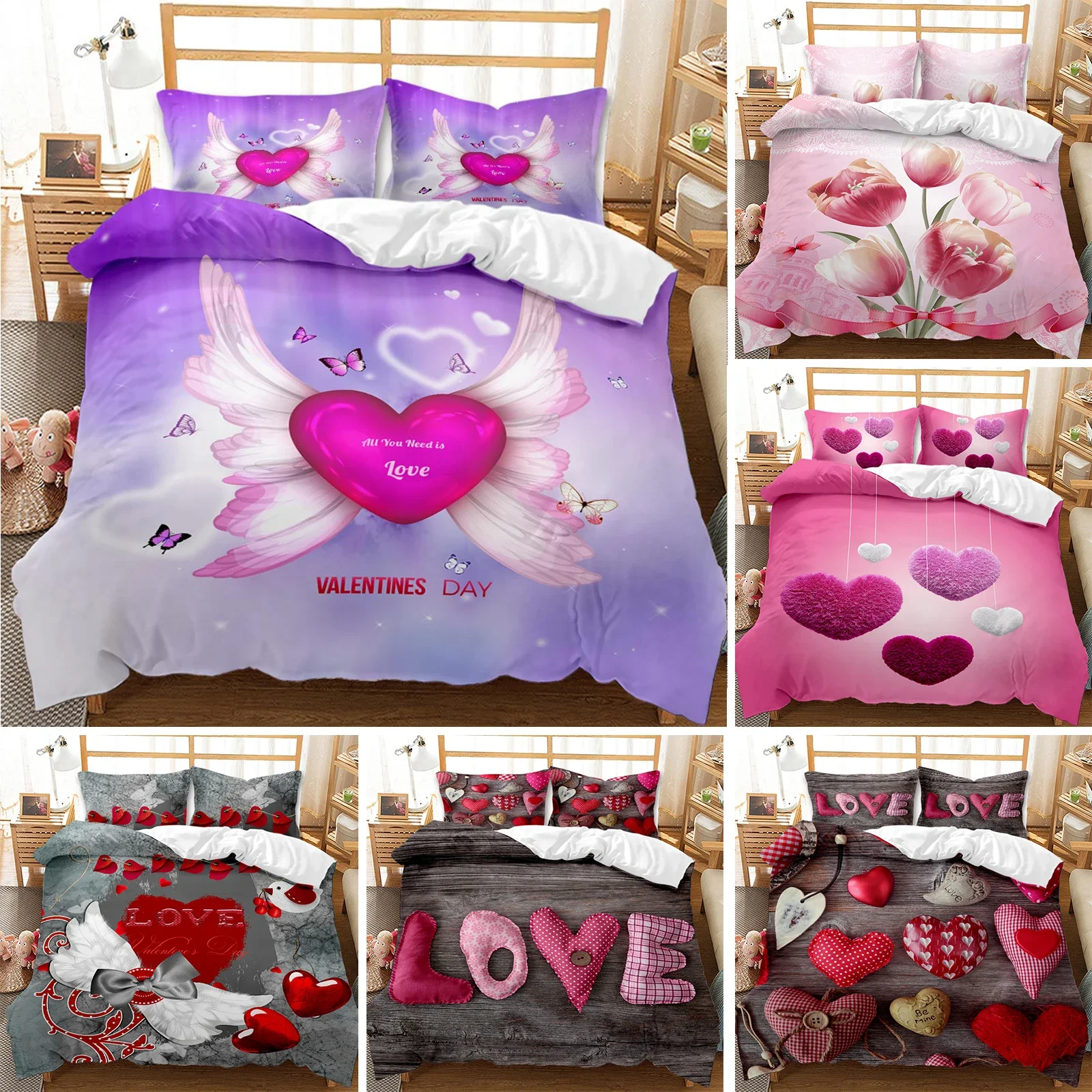 

Festival Duvet Cover Set Valentine's Day Print Bedding Set Couple Romantic Polyester Quilt Cover for Lover Full Queen King Size