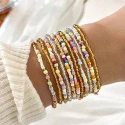 17/10Pcs Elastic Beaded Bracelets Bohemian Colorful Beads Stretchy Strand Chain Bangle Summer Beach Party Vacation Jewelry