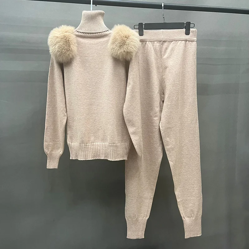 Women\'s Wool Coat Pants Set Lady Real Fox Fur Collar Sweatshirt Streetwear Knitted Spring Autumn Jogger Sweater S5988