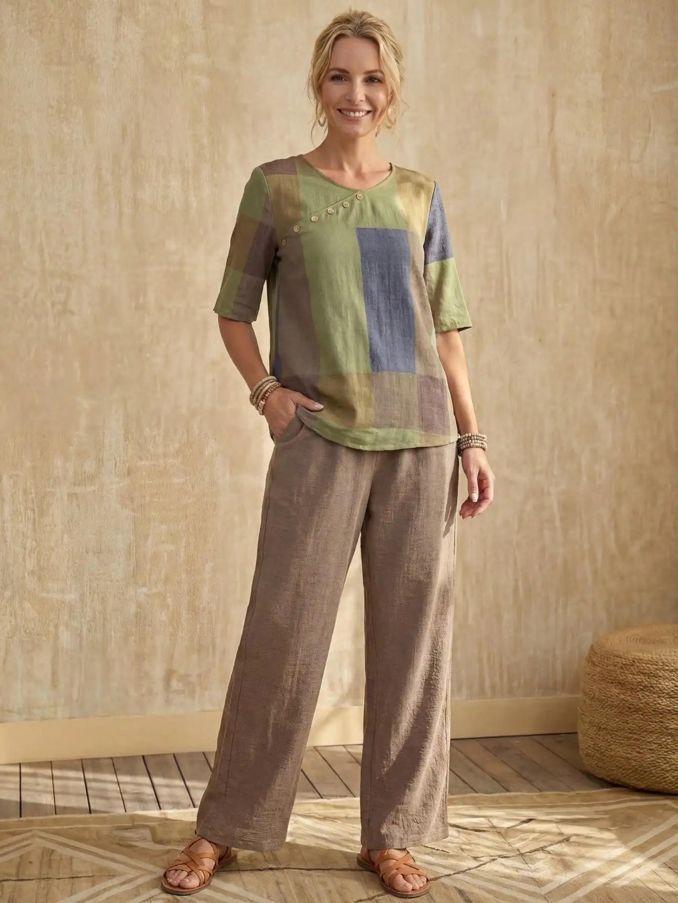 Women's Patchwork Colorblock Button-Front Top & Wide-Leg Pants Set