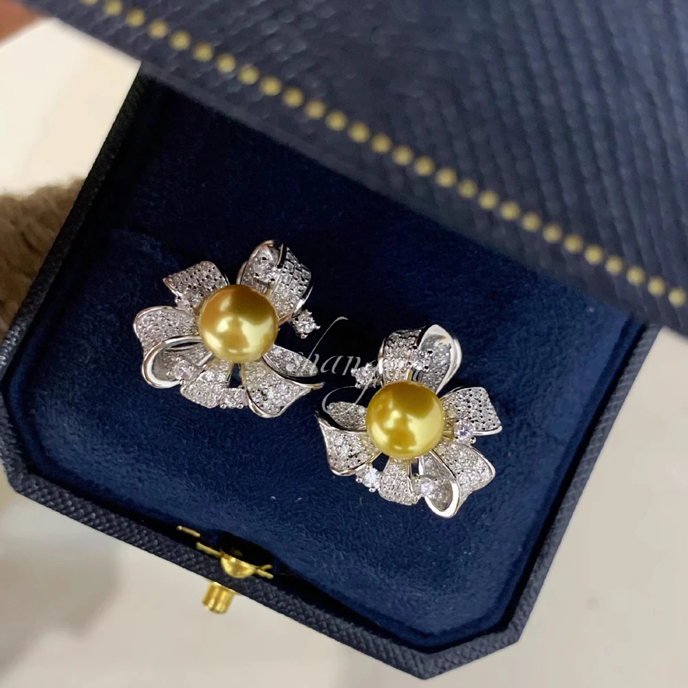 

MeiBaPJ 5 Colors DIY 925 Silver Holder 8mm Natural Nearround Pearls Bow Stud Earrings Fine Wedding Jewelry for Women