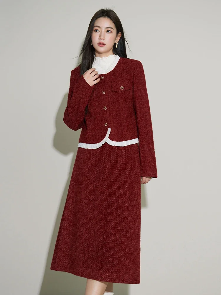 DUSHU Fashion Set Winter 2023 New Red Half Skirt Two Piece Set For Women High Waist Women Red Set Casual Loose Office Lady