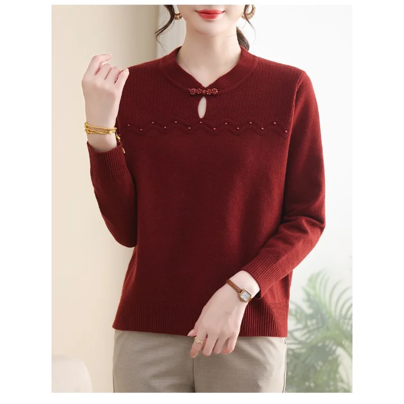 

Универсальный модный однотонный свитер, вязаный свитер в китайском стиле, топ с длинными рукавами