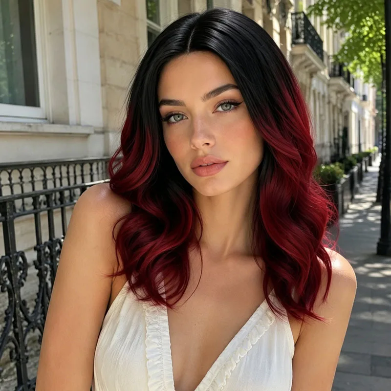 16-inch synthetic gradient wave wig, black and burgundy gradient curls, suitable for both everyday wear and parties.