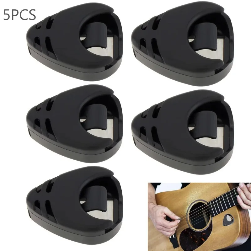 5 pçs palhetas de guitarra titular plástico stick-on palheta caso acessórios de guitarra elétrica para baixo ukulele baixo guitarra afinador