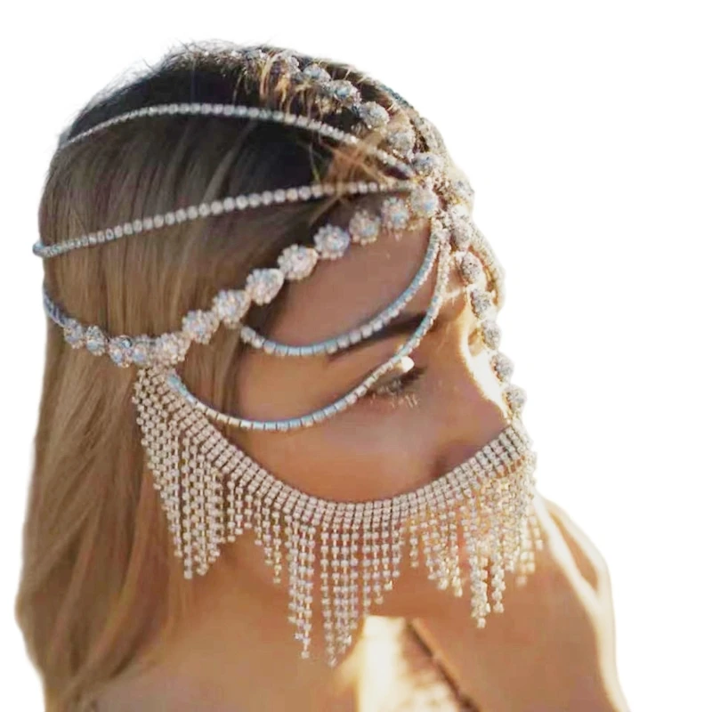 X5XA Decadent Rhinestones Veil Mask With Chain for Women Stylish Party Headwear