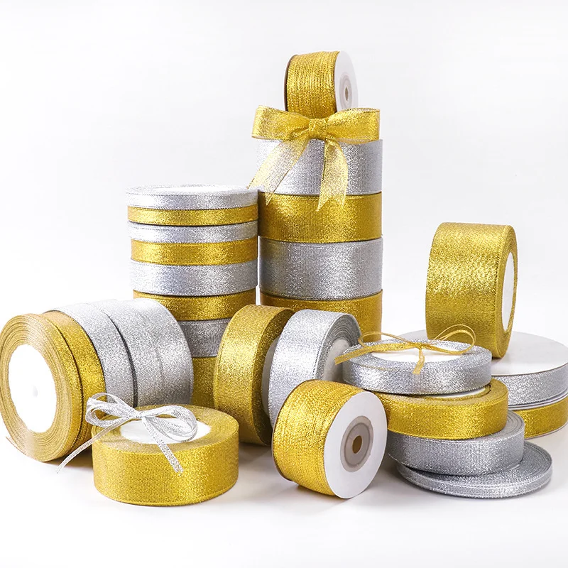 25 Yard Roll Gold Silver Glitter Satin Ribbon Crafts Wedding Decorative DIY Organza Onions Ribbons Bow Christmas Gift Supplies
