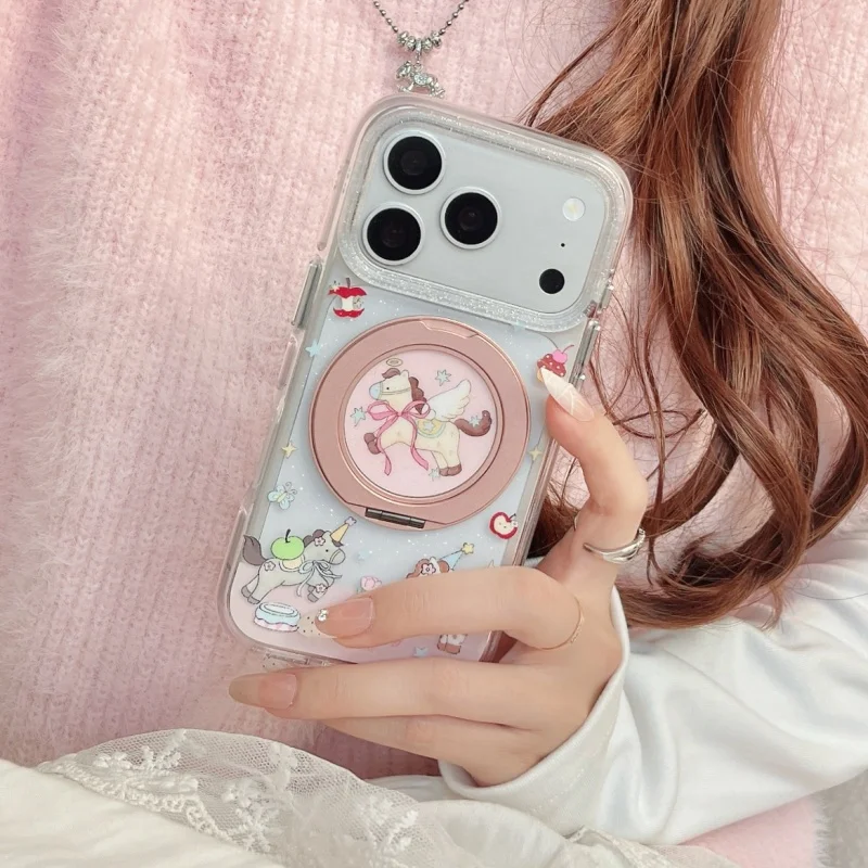 

Korean Cute Bowknot Horse Magnetic Stand Phone Case For iPhone 17 Pro Max 14 15 16 Pro Back Cover Acrylic Hard Cases For iPhone