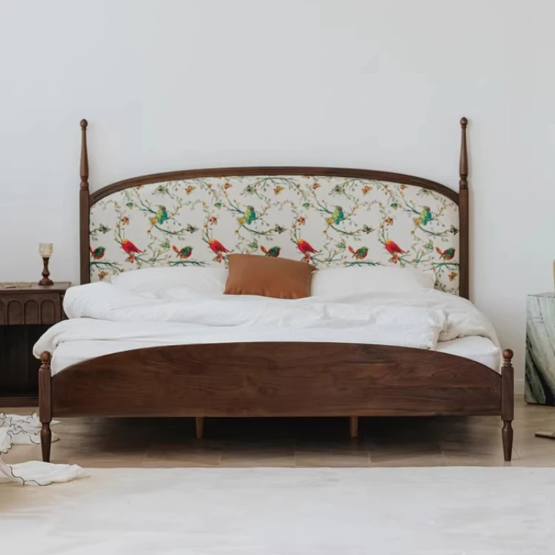 Garden bed retro soft bag solid wood bed black walnut bed