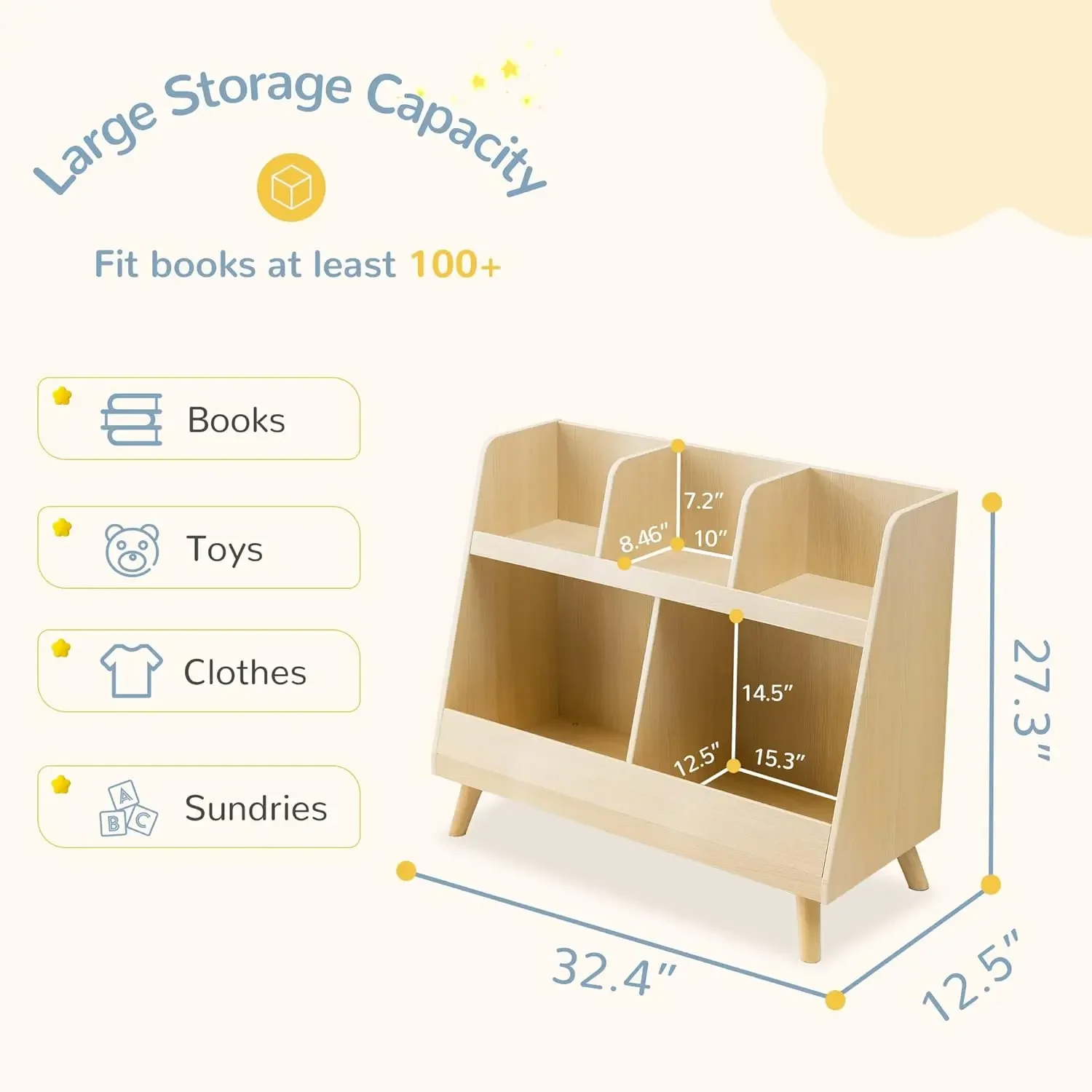 Bookshelf and Toy Organizer, 5 Cubbies Wooden Open Bookcase, 2-Tier Baby Storage Display Organizer with Legs, Free Standing