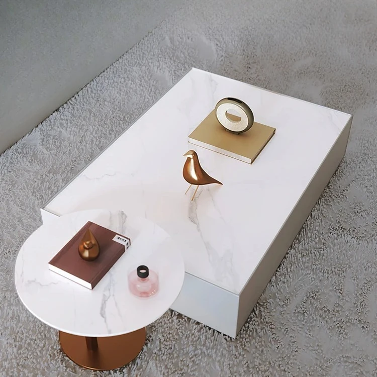 

Modern Simple Living Room Home Light Luxury round Small Apartment Combination Rectangular Stone Plate Coffee Table