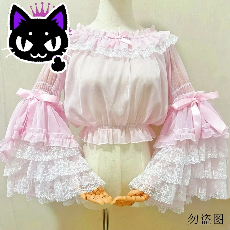 

2025 hot sale Harajuku Y2k Lolita Blouses Women Victorian Sweet Lace Bow Ruffles Flare Sleeve Shirts Japanese Kawaii Shirt Mujer