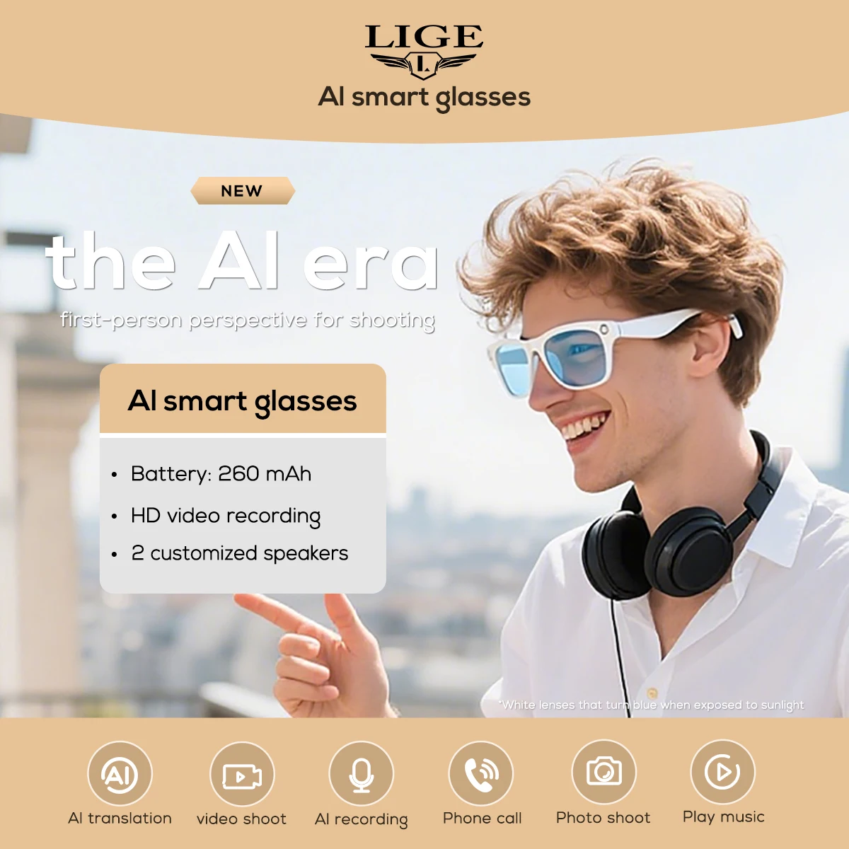 

LIGE Smart Glasses 260 mAh Battery 100W Pixel Camera Record Video Smart Glasses AI Voice Assistant Bluetooth Call Music Playback
