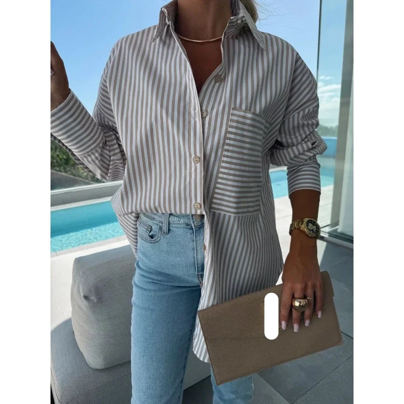 

Женская модная блузка с воротником с лацканами и длинными рукавами, женская повседневная удобная универсальная рубашка в полоску с принтом