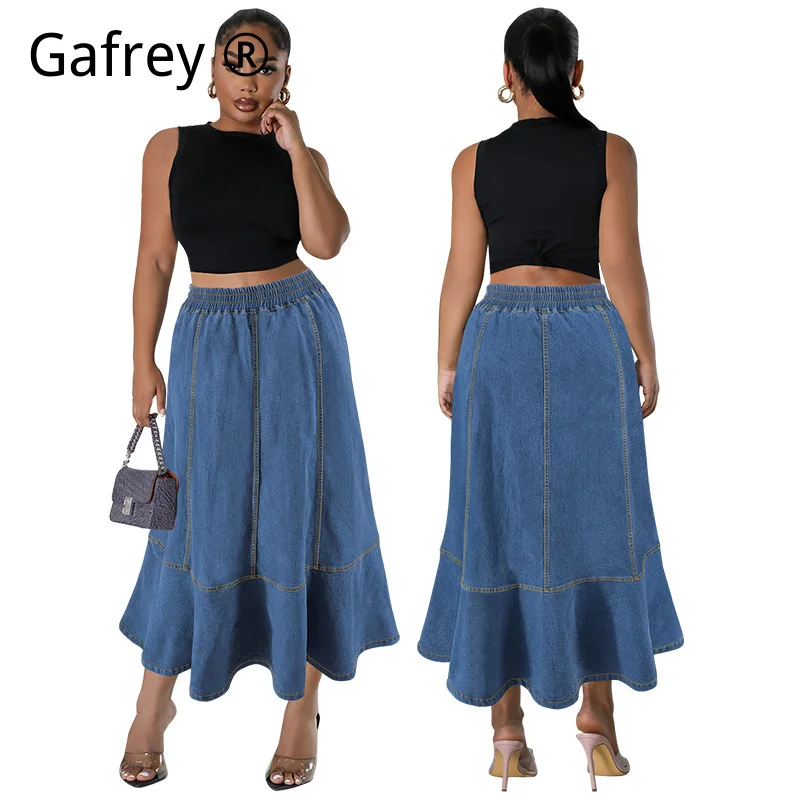 

Plus Size XXXL XL 5XL 4XL Mermaid Hem Denim Skirt Elastic High Waist Maxi Long Jean Stretchy Casual Streetwear 2026 New