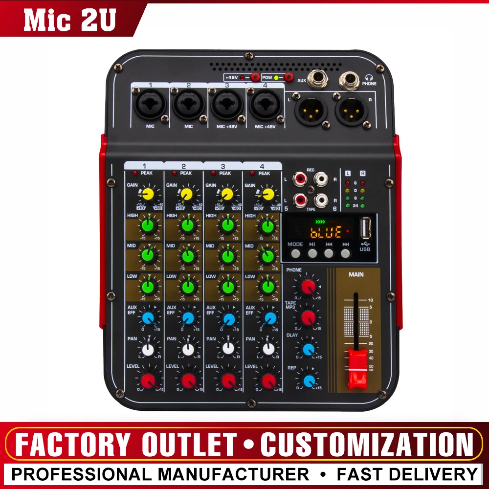 

6 Channel Mixer 48V Audio Mixer With Phantom, Bluetooth USB with effects To PC Record Playback Professional mixer dj controller