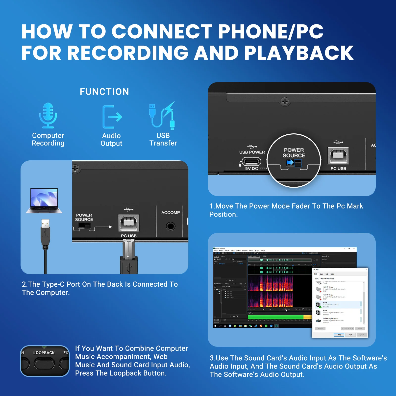 USB Audio Interface for PC, 2i2 Computer Audio Interface for Recording Music, Portable Interfaz de Audio Mixer for Studio Beginn