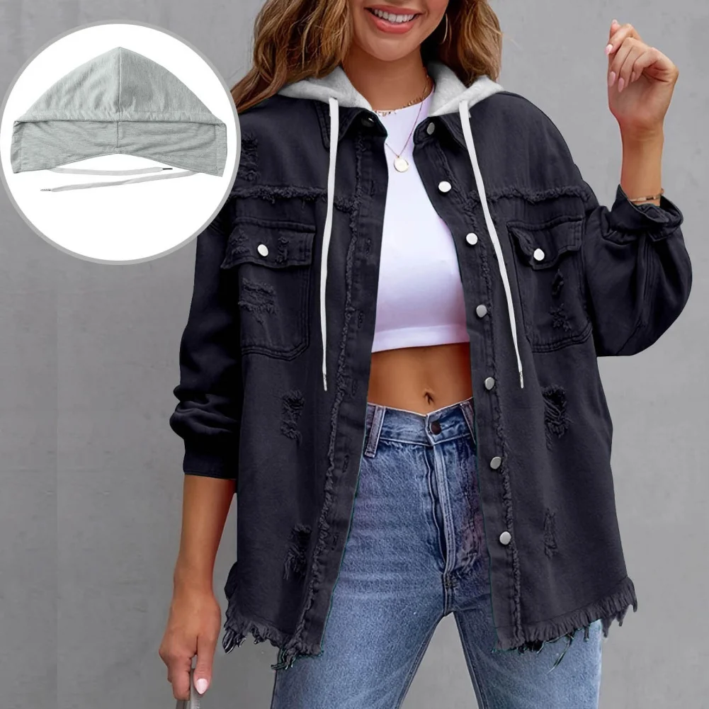 Polyester Womens Hooded Jacket Solid Color Loose for Fit Long Sleeve Summer Lightweight Jacket for Cycling Holiday