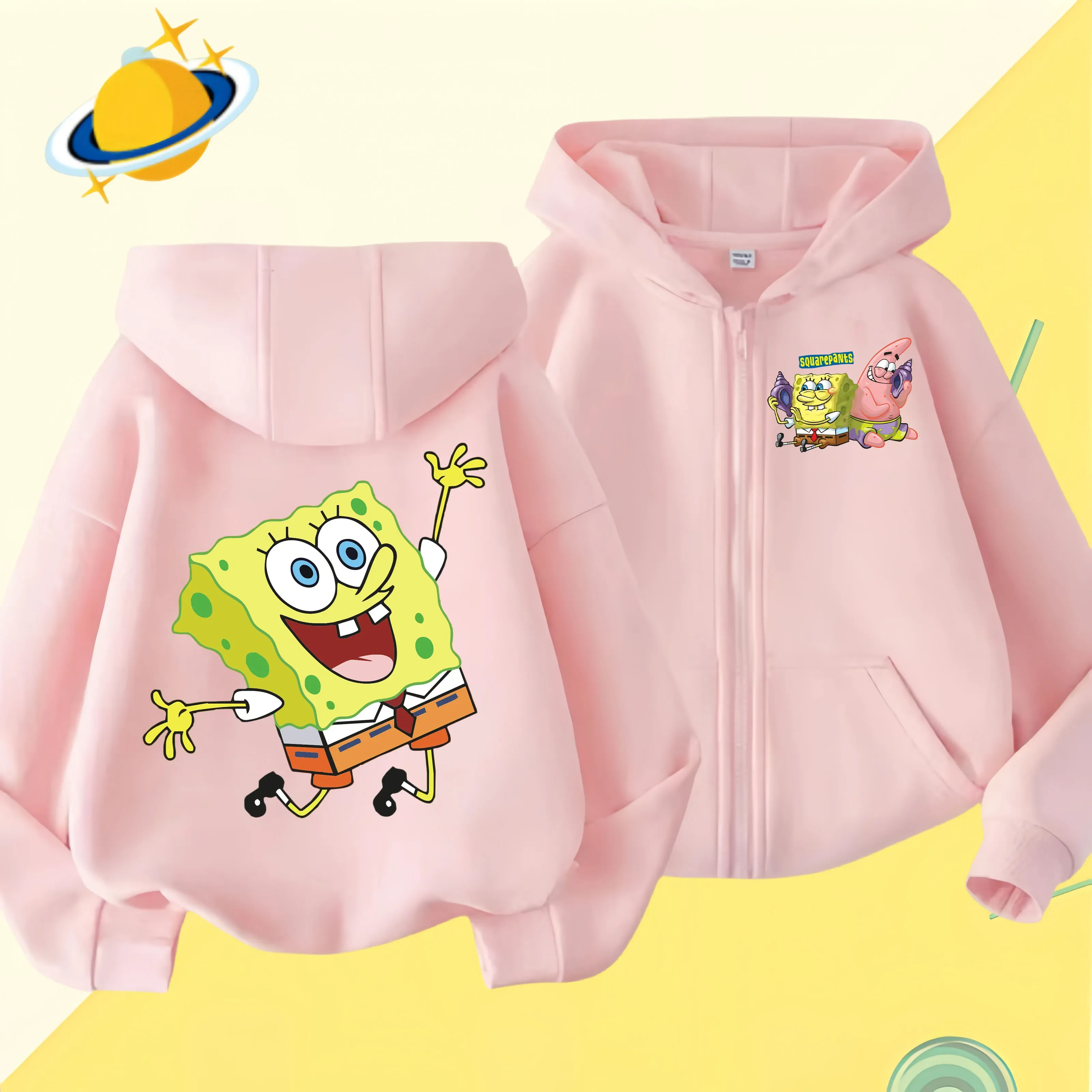 Spongebob Squarepants Zipper hoodie Cartoon Family Sweater for Autumn and Winter Thin or Fleeced Long-Sleeved Hooded Sweatshirt