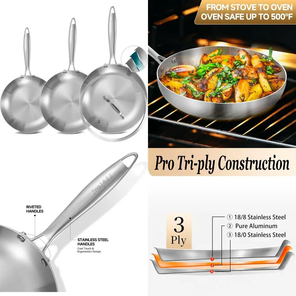 

Stainless Steel Frying Pan Set of 3 with Lid, Skillets, Induction Cooking Pans, Riveted Handle, Even Heating, Perfect for Everyd