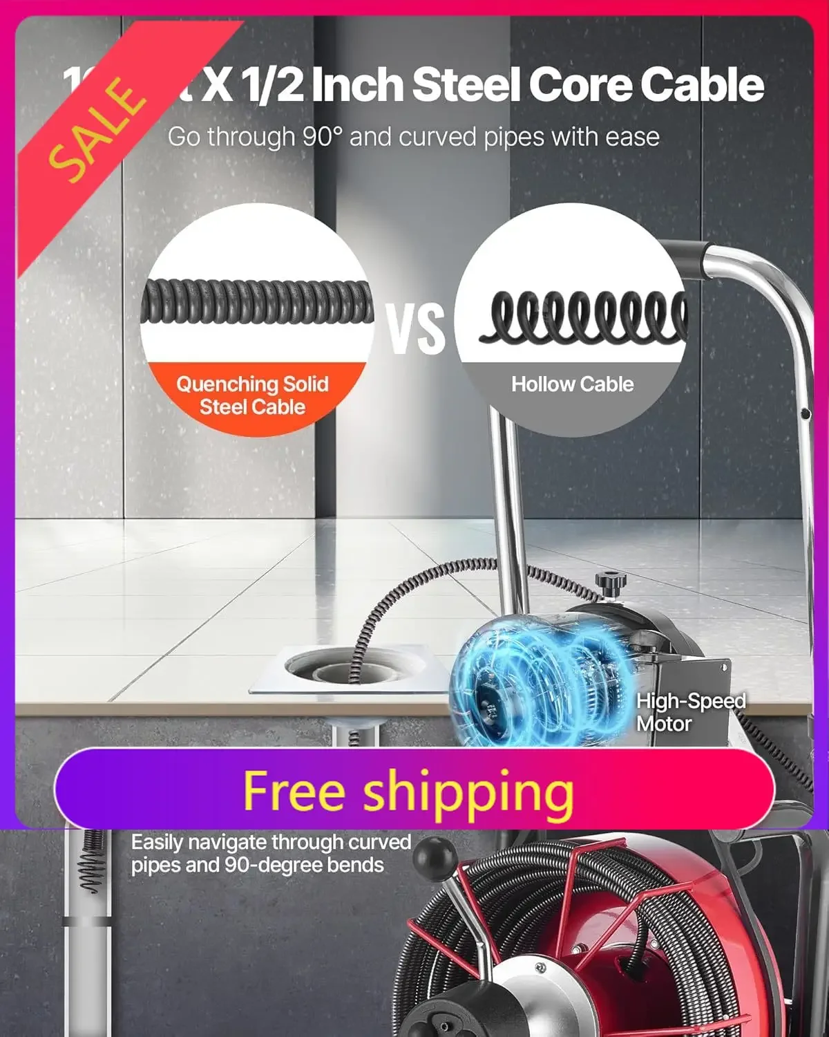 VEVOR Drain Cleaner Machine 100 FT x 1/2 Inch, Auto Feed Sewer Snake Auger on Wheels - with 8 Cutters & Air-Activated Foot Switc