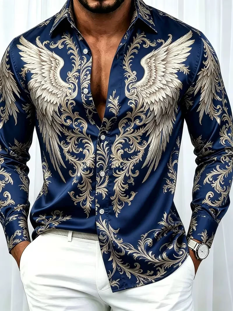 New Grid Palm Coconut Tree Contrasting Printed Long Sleeved Shirt Smooth Satin Lapel Men's Seaside Top