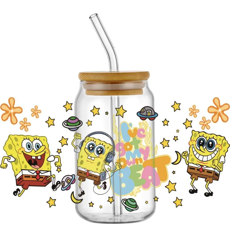 Cartoon Sponge Baby UV DTF Sticker For 16OZ Libbey Glass Cup Can Wrap Transfer Sticker Custom Labels DIY Logo