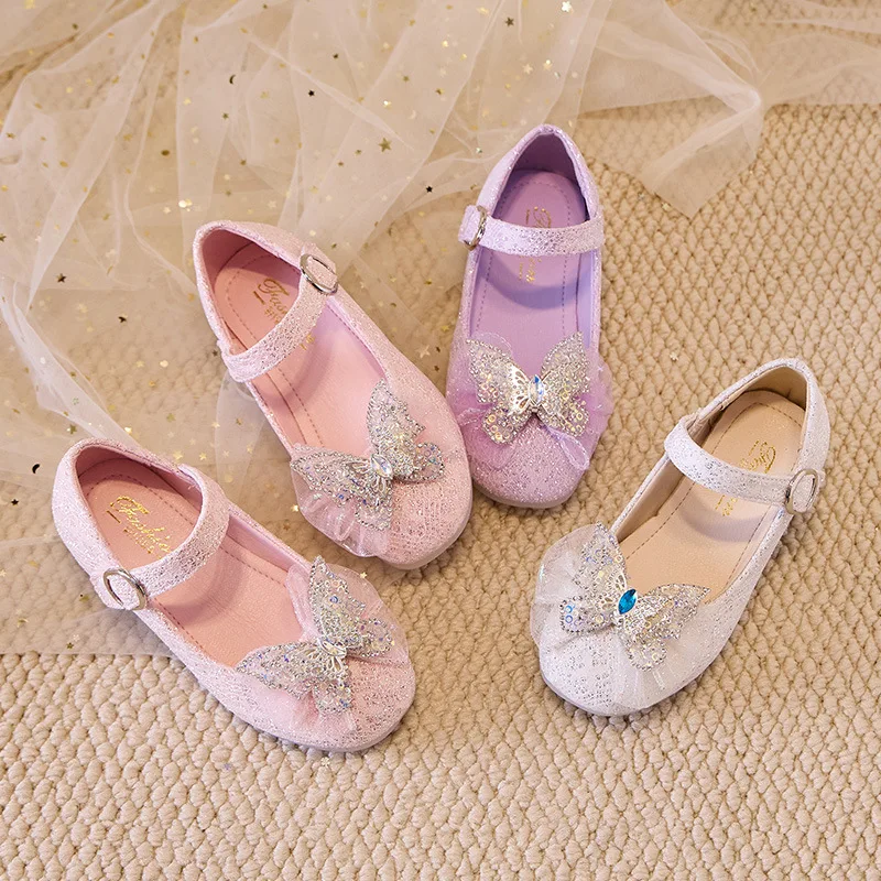

Girls Glitter Sequins Mary Jane Shoes Children Flats Performance Dress Shoes with Lace Bow-knot Kids Princess Leather Shoes