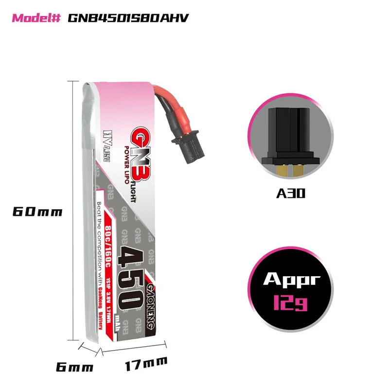 GAONENG-GNB 1S Bateria LiPo, 450mAh, 3.8V, HV, 80C, 160C, A30 Cabo para BetaFPV Beta75X, Happymodel Móvel 6, DIY Plug VS BT2.0