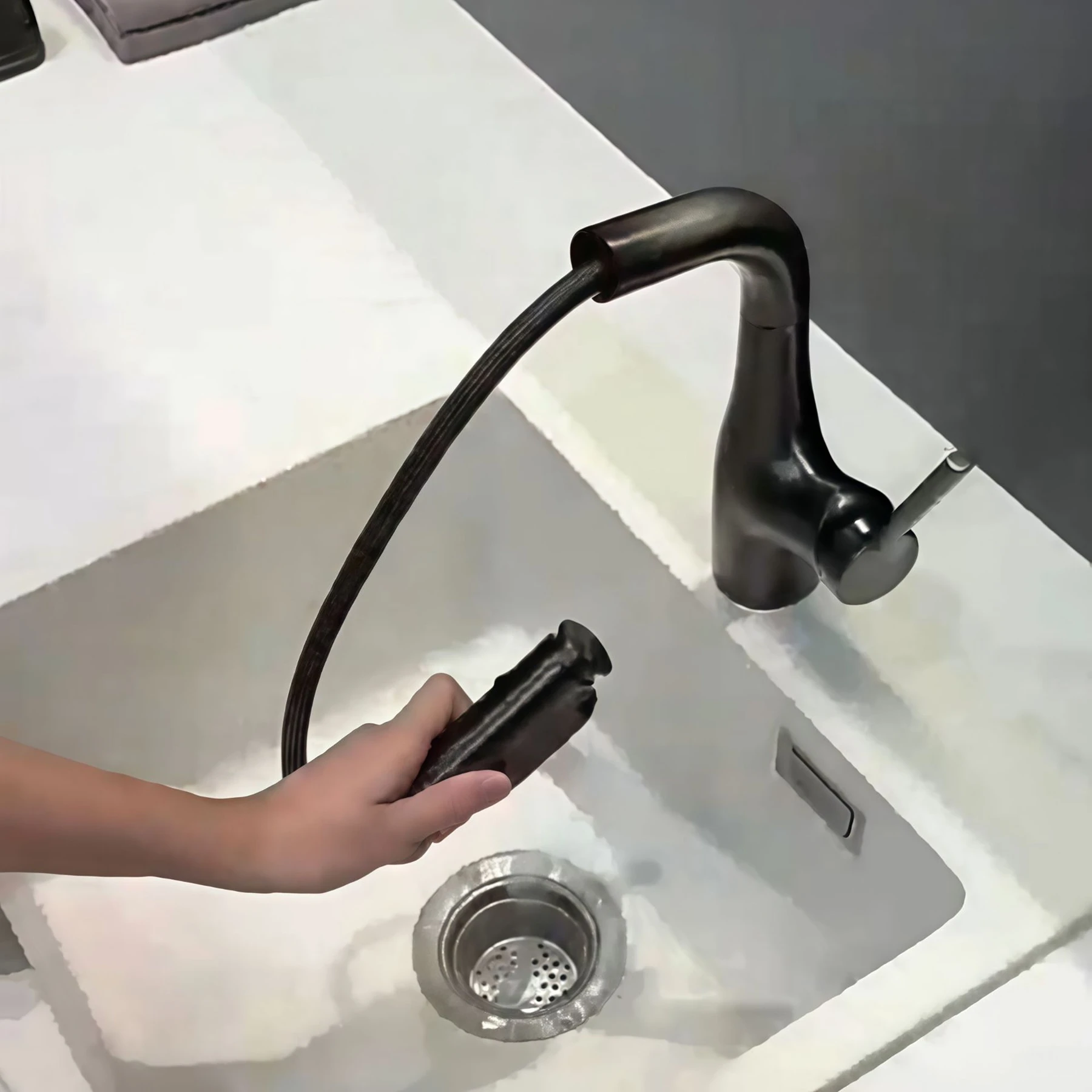 Adjustable Height Pull‑Out Bathroom Sink Faucet, 360° Rotatable Spout Splash‑Proof Hot Cold Water Vanity Basin Mixer Tap