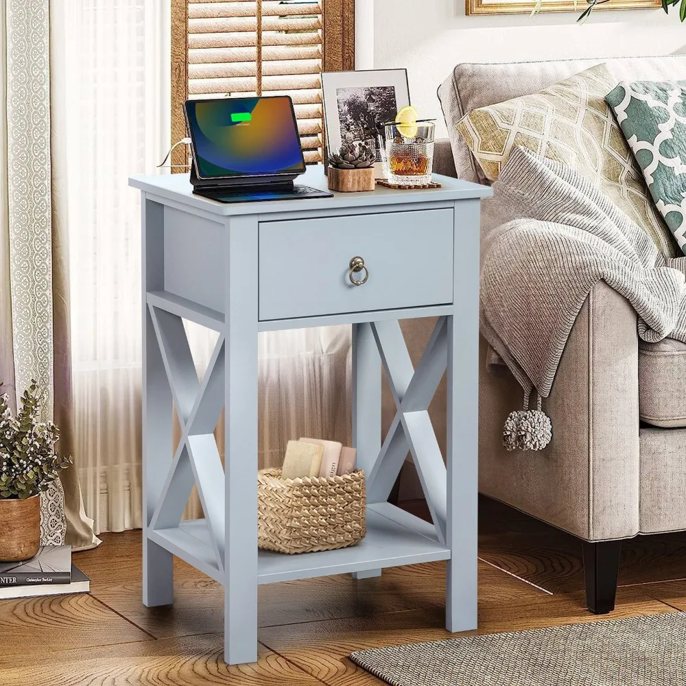 

Side Intersection Style Bedside Table Coffee Table with Two-layer Drawer Gray, Nightstands