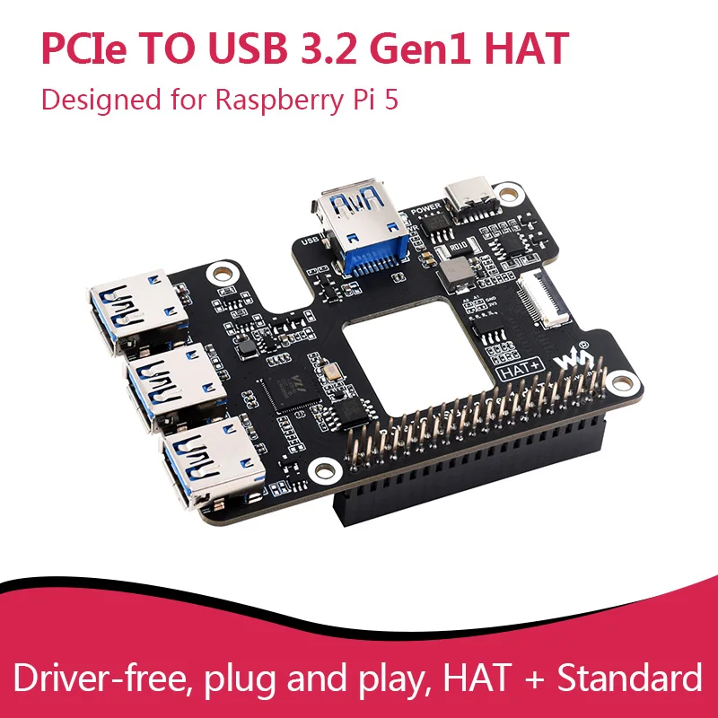 

PCIe TO USB 3.2 Gen1 HAT Designed for Raspberry Pi 5 Driver-free, plug and play, HAT+ Standard for RPI 5