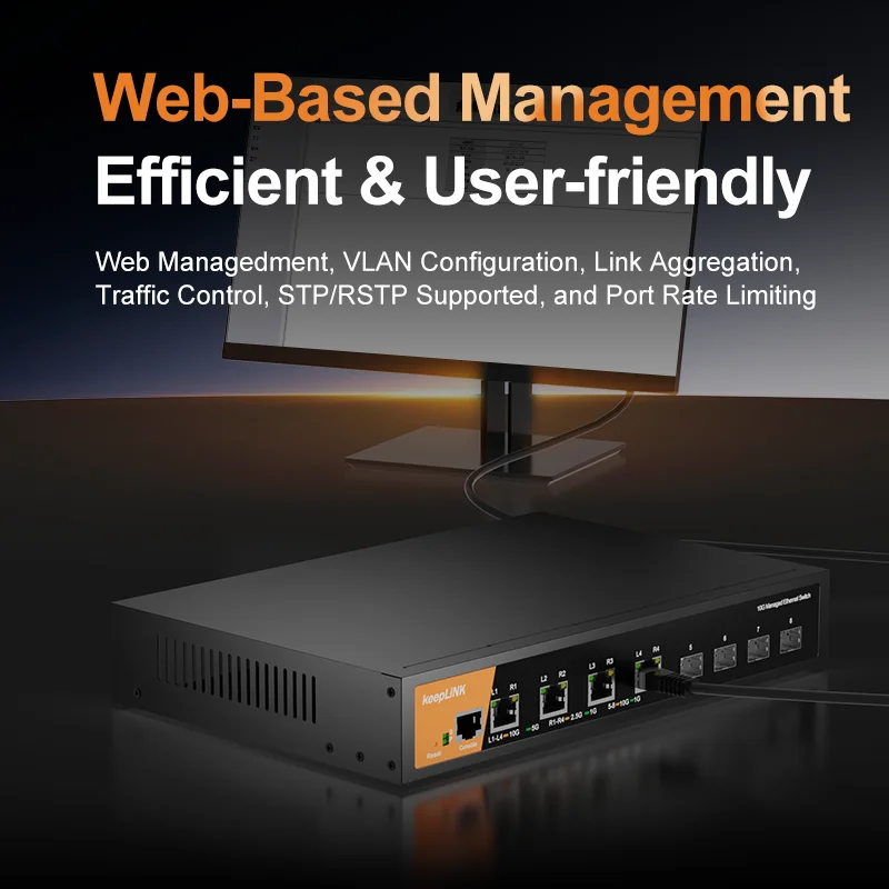 KeepLiNK Switch gerenciado de 8 portas 10 Gbps camada 3 com 4 x 10G Base-T RJ45 e 4 x SFP + para estação de trabalho NAS de escritório de laboratório doméstico