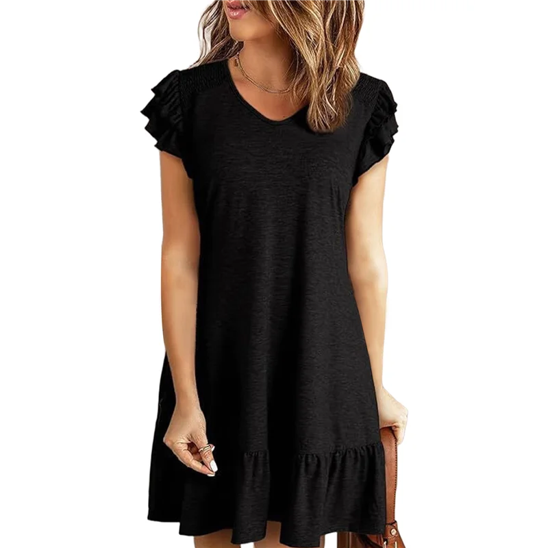 NUOVI abiti estivi da donna con volant manica corta smock scollo a V casual allentato a-line altalena mini abito prendisole
