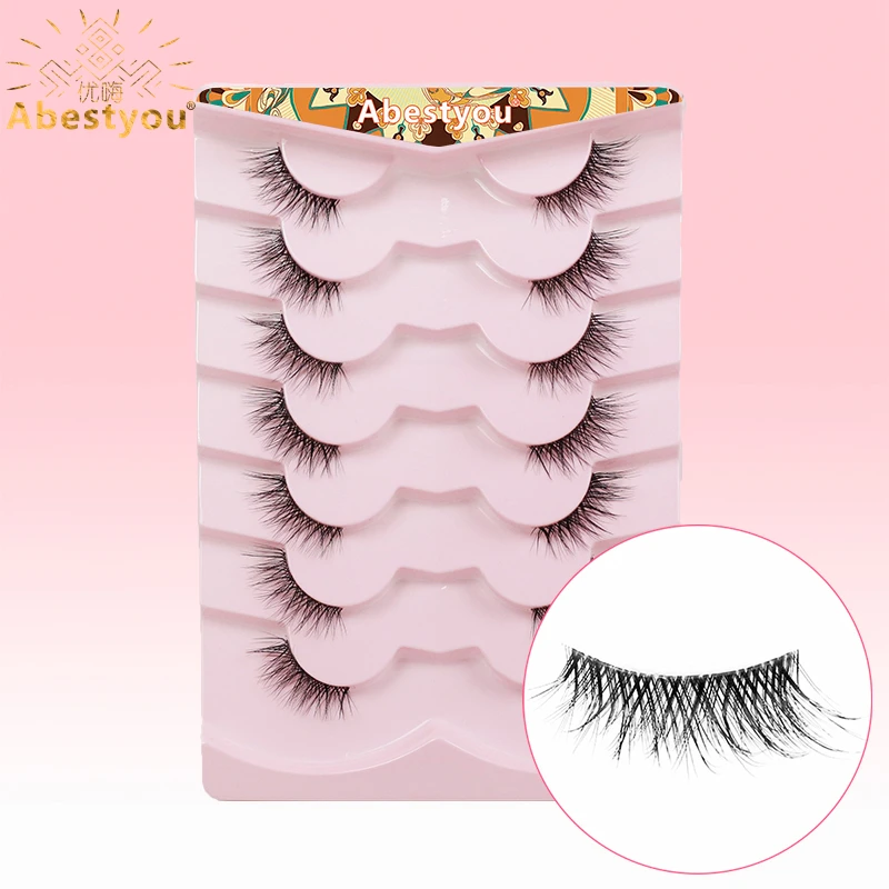 

Abestyou Brand 3d 7pairs Tapered Winged Natural Short Strip Small Lashes Pack Fox Cat Eye Wispy Clear Band Fluffy Naked Eyelash