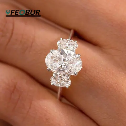 여성을위한 인증 6cttw 타원형 컷 전체 Moissanite 반지 925 스털링 실버 3 스톤 랩 다이아몬드 약혼 웨딩 밴드 쥬얼리