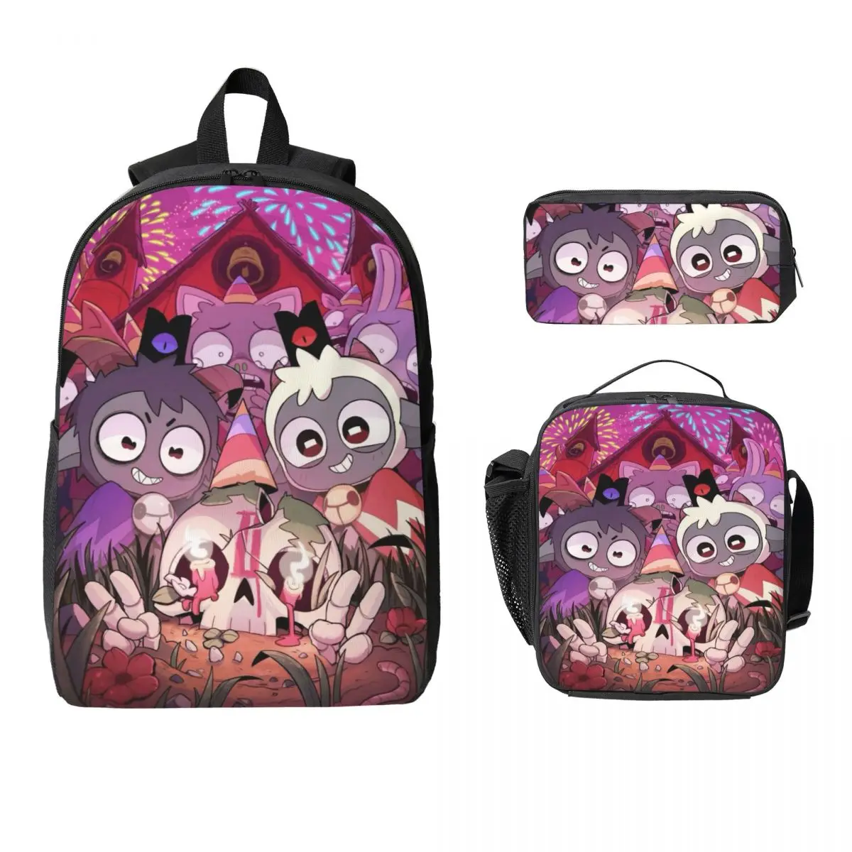 3Pcs Cult Of The Lamb Game School bags Set for Girls Boys Pen Bags Backpack Sets with Lunch Box For School Students Daypack