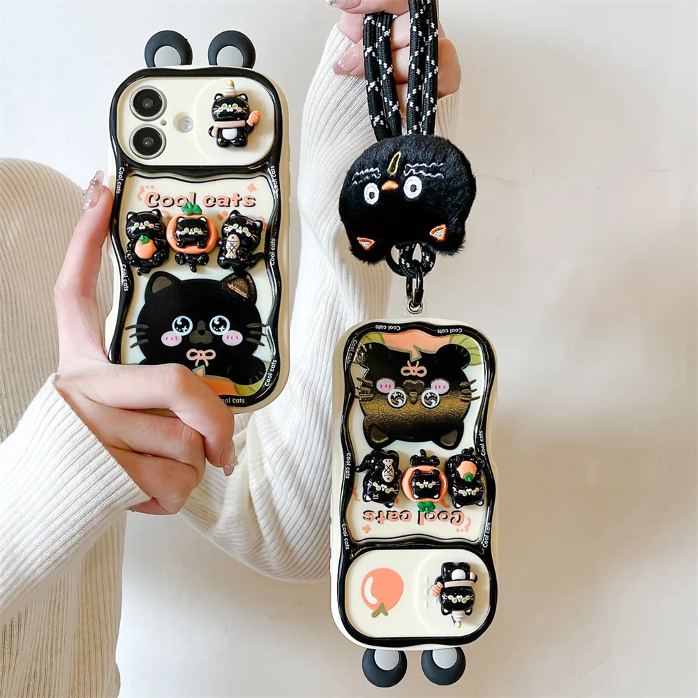 Cute Cartoon Black Cat Kitty Push-Pull Camera Phone Case for IPhone 16 15 Pro Max 14 Plus 13 12 Pro Max 11 Lanyard Soft Cover