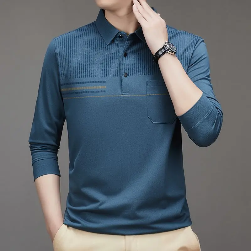 New Men's Polo Shirt Long Sleeve Lightweight Breathable Turn Down Collar Shirt Loose Fit for Spring Autumn Dad Wear