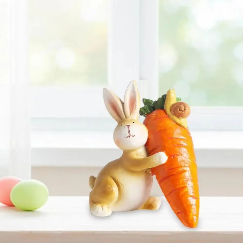 Colorful Resin Rabbit Statue Simulation Bunny Novelty Rabbit Holding Carrot Sculpture Hand Painted DIY Easter Bunny Figurine