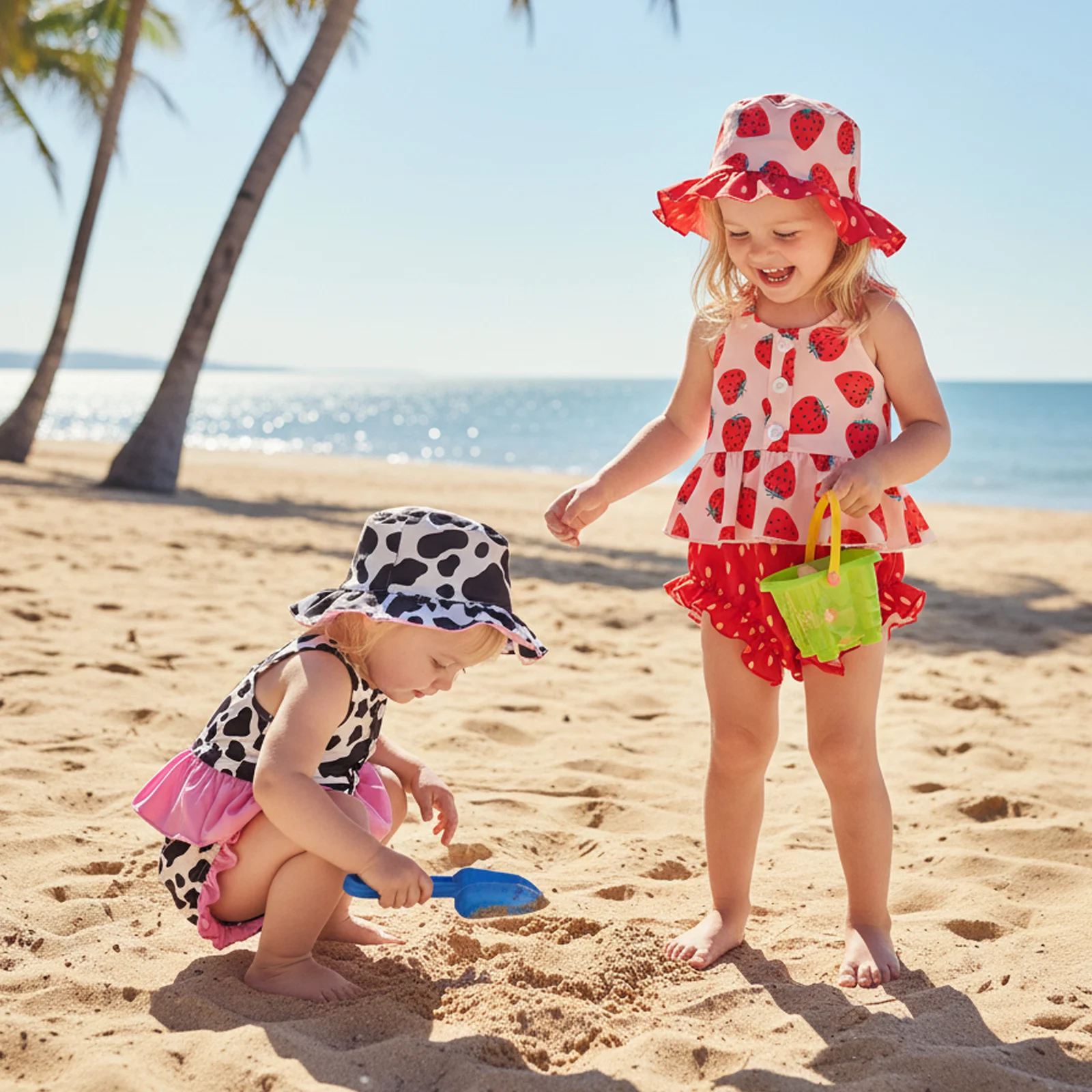 Toddler Baby Girl Summer 3Pcs Outfit Strawberry/Bee/Cow Print Ruffled Trim Sleeveless Tank Tops Shorts and Hat Set