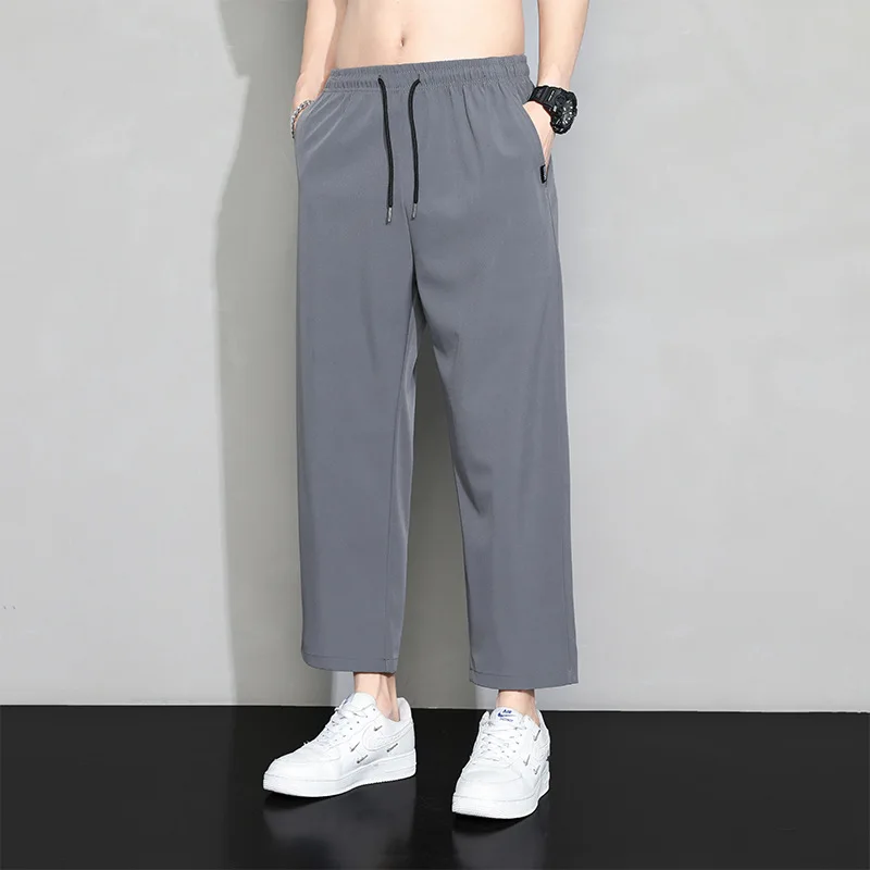 الرجال الرياضة التجفيف السريع تنفس السراويل اليومية غير رسمية الرجال الصيف الحرير الجليد رقيقة السراويل مطاطا الرباط طماق وزرة