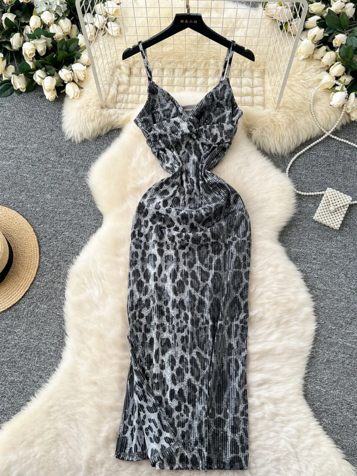 Sexy Girl Suspender Leopard Print Sequins Sparkle Dress Female Celebrity V Neck Slim Skinny Long Dress for Women 2025 New