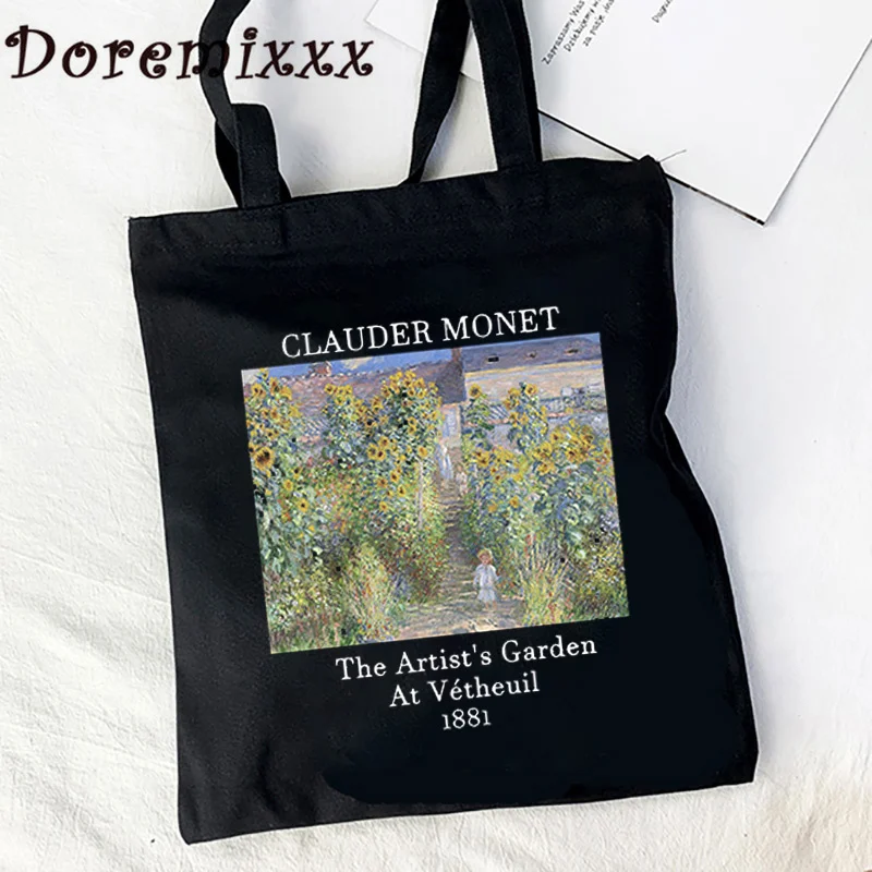 Claude Monet The Artist\'s Garden At Vétheuil Print Graphic Shoulder Bags Women Shopping Bag Retro Canvas Shopper Bags Tote Bag