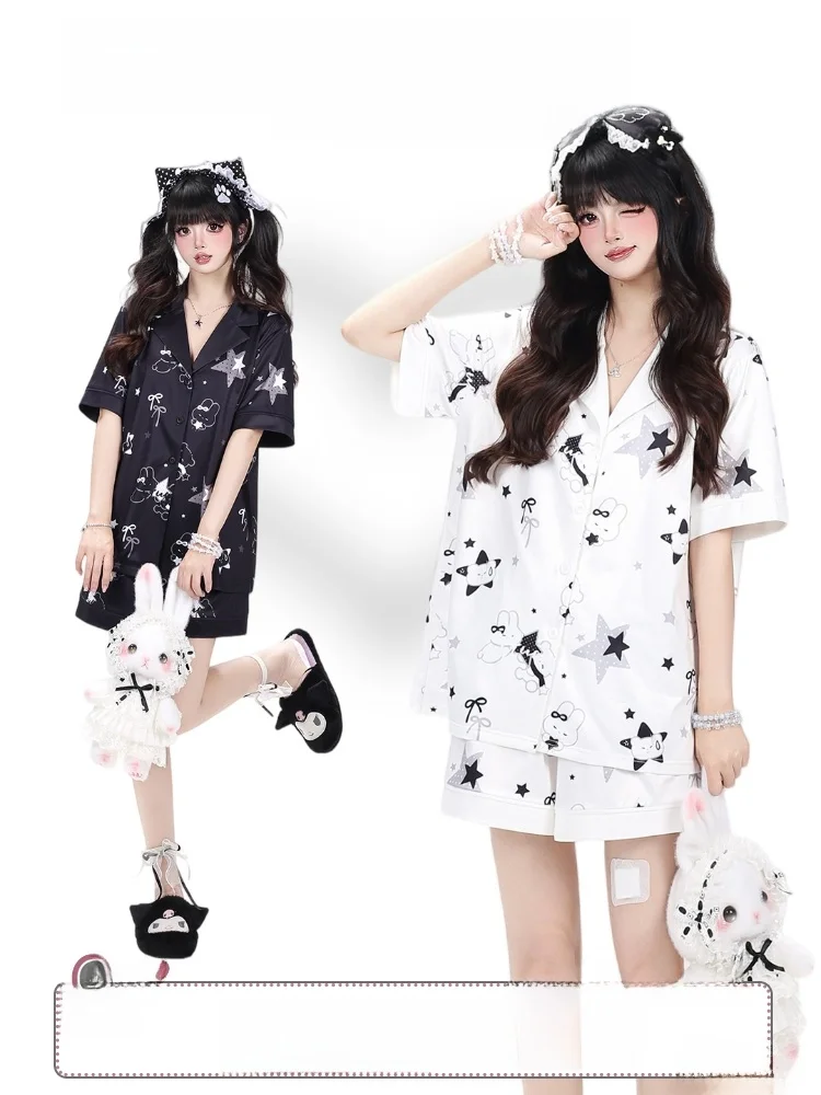 Crazygirl Black White Rabbit Short Sleeve Comfortable Skin-friendly Summer Sleepwear Home Clothes for Girls Teenage Feel