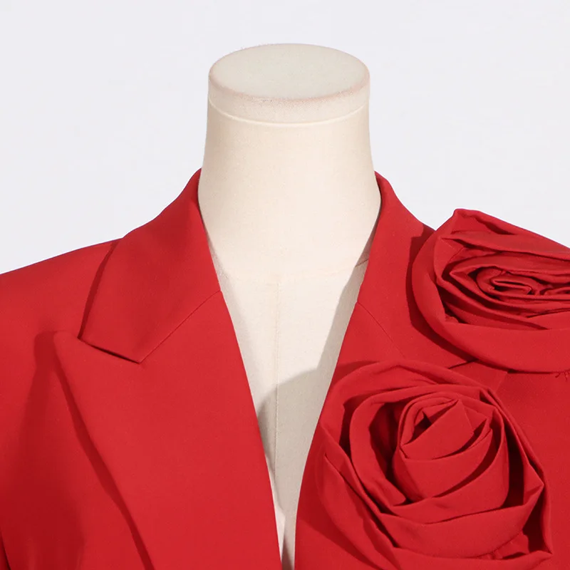 Traje rojo de 1 pieza para mujer, Blazer de diseñador, flor 3D, cuello en V, ropa de trabajo Formal de algodón para mujer, Chaqueta larga, abrigo, vestido de Graduación