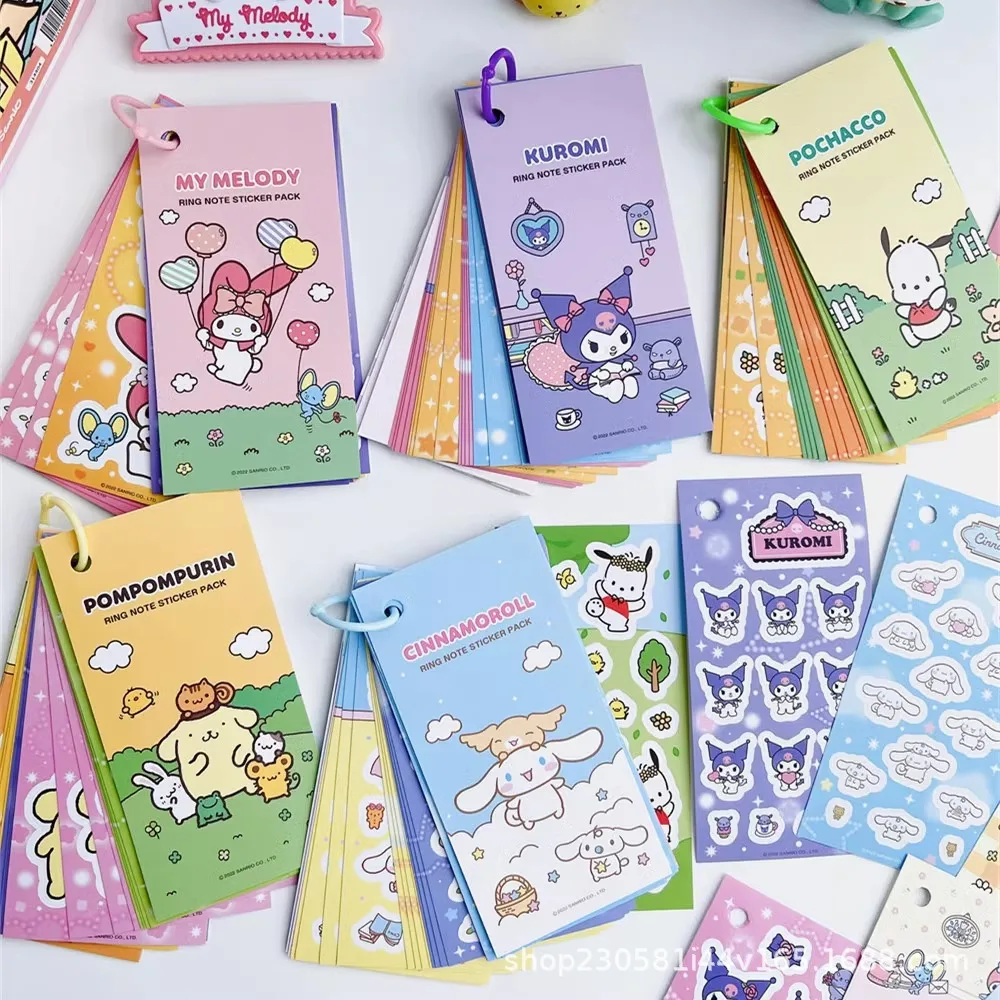 5pcs Sanrio Melody Cinnamoroll Kuromi Ring Buckle Stickers Ben Guka Hand Ledger Student Portable Decoration Stickers Note Paper