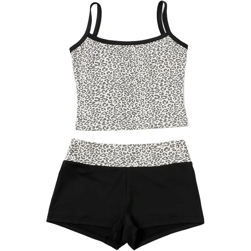 Weird Puss Leopardenmuster 2-teiliges Set Damen Low-Neck Rückenfreies Camisole + Patchwork-Shorts mit elastischem Bund Street Classic Alltagsanzug – Detail 2