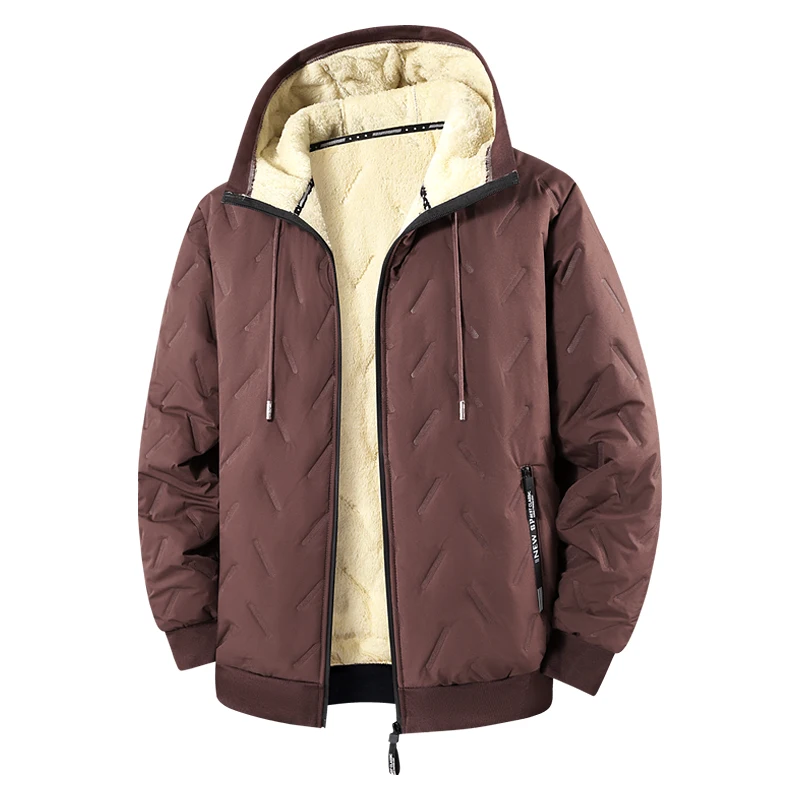 Winter Men Thick Sherpa Lined Hooded Jacket Embossed Quilted Zipper Coat Drawstring Hood Pocket Design Windproof Warm Casual Mal